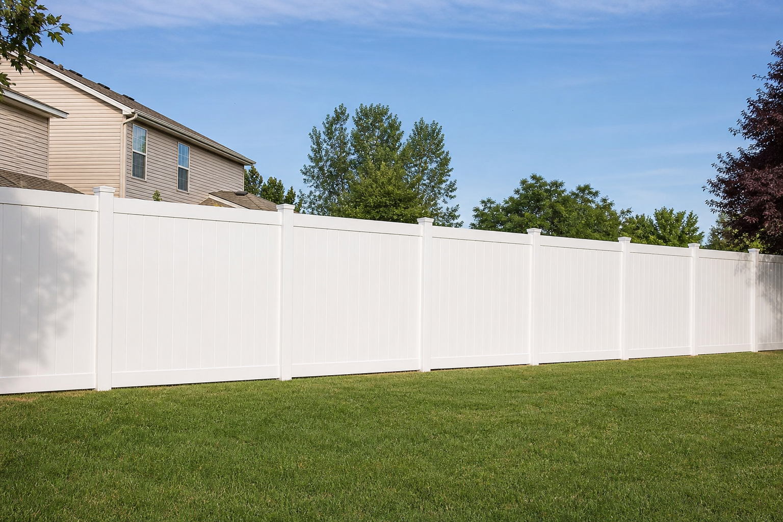 White vinyl privacy fence installed along a residential backyard in Frisco Texas